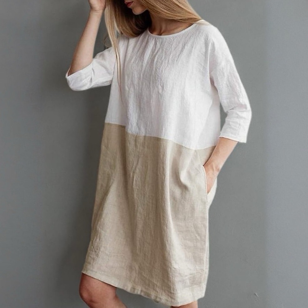 Women's Oversized 3/4 Sleeve Two Tone Colors Loose T Shirt Dress with Pockets